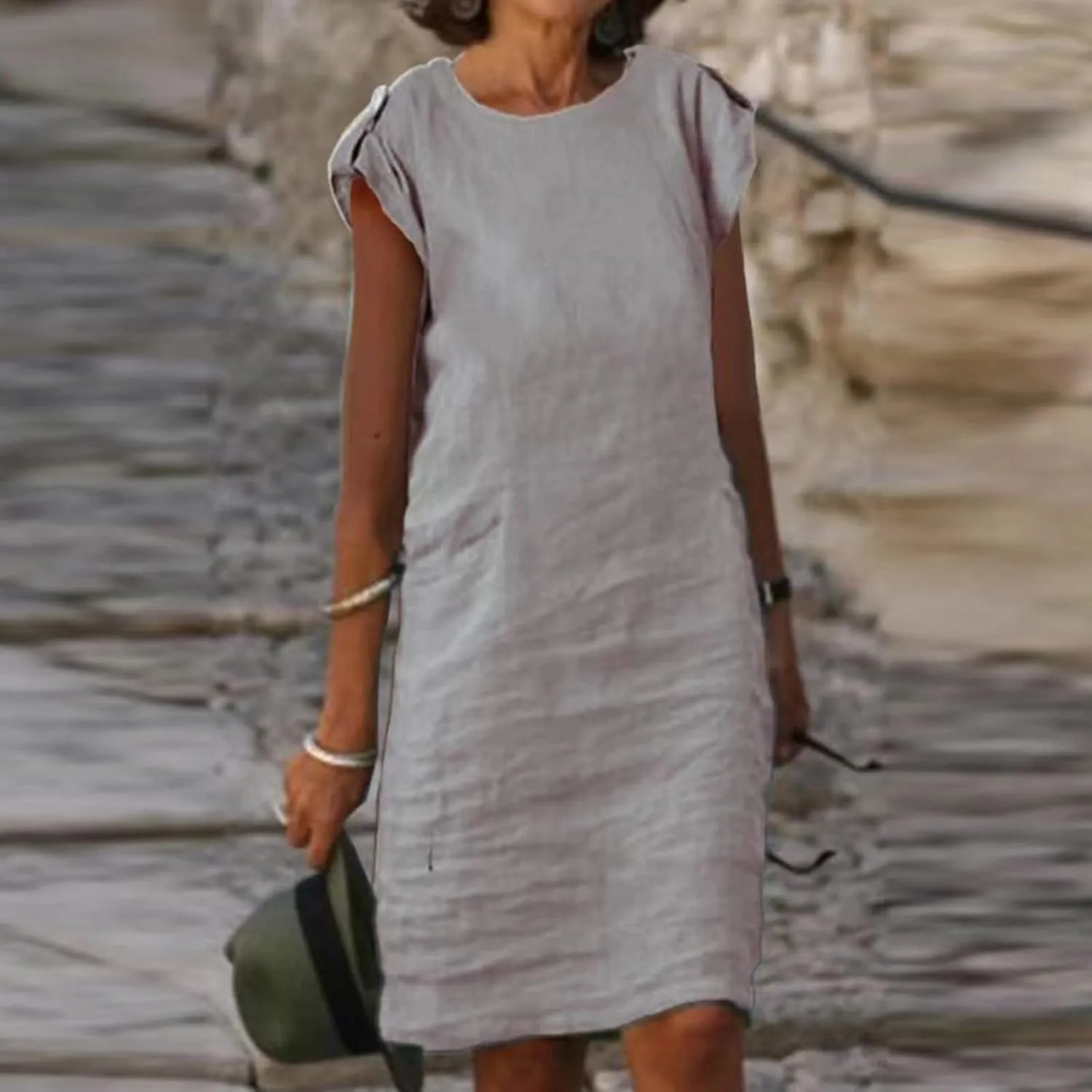Womens Casual Crew Neck Sleeveless Sleeve Cotton Linen T Shirt Mini Dress Work Elegant Vacation Travel Beach Dresses