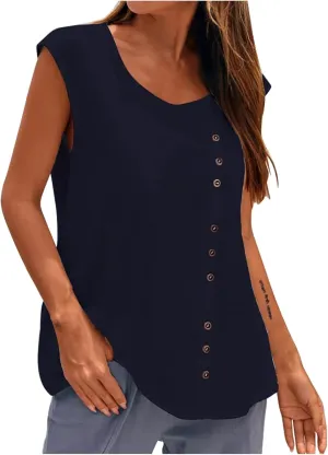 Women's Cotton Linen Tank Tops Trendy Crewneck Sleeveless Button Solid Tunic Tank Casual Summer Outdoor Dressy Vest