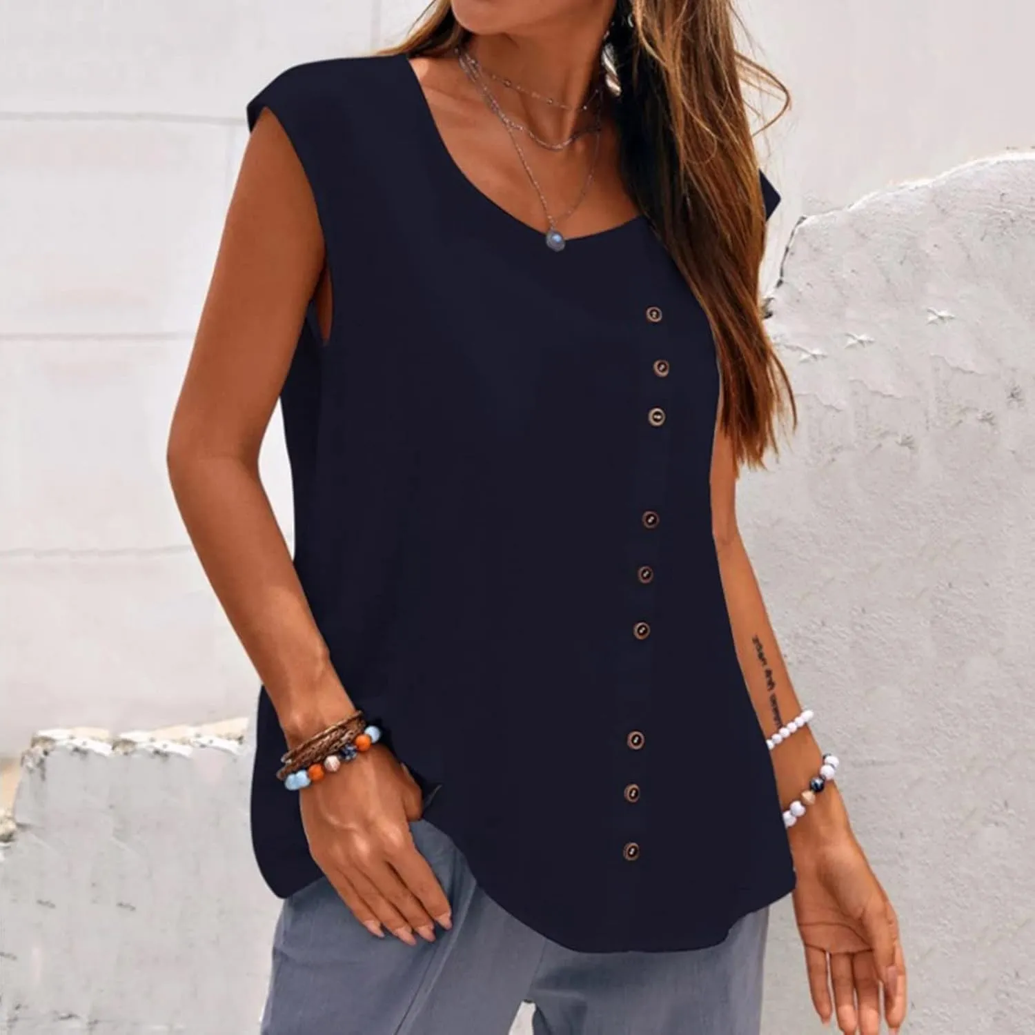 Women's Cotton Linen Tank Tops Trendy Crewneck Sleeveless Button Solid Tunic Tank Casual Summer Outdoor Dressy Vest