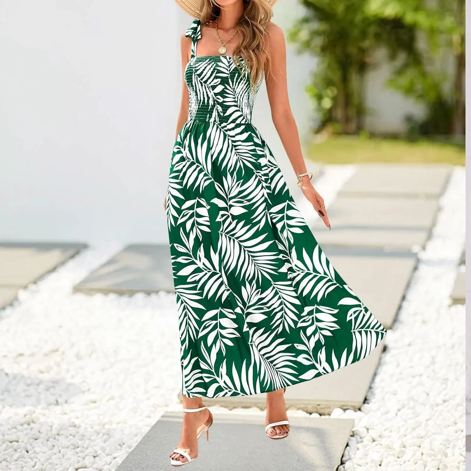 Womens Dresses 2025 Summer Floral Sleeveless Maxi Dress Casual Spaghetti Strap Tiered Flowy Beach Long Dress