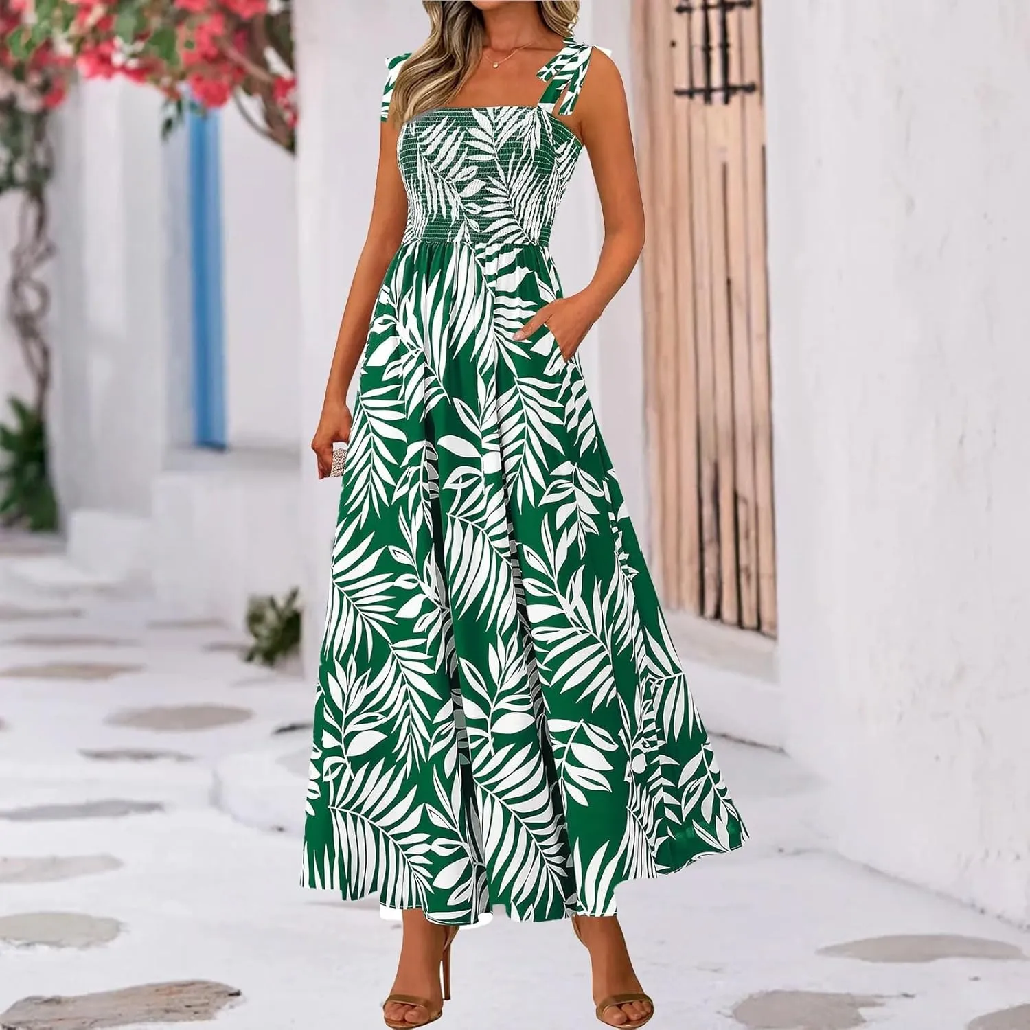 Womens Dresses 2025 Summer Floral Sleeveless Maxi Dress Casual Spaghetti Strap Tiered Flowy Beach Long Dress
