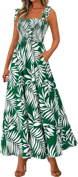 Womens Dresses 2025 Summer Floral Sleeveless Maxi Dress Casual Spaghetti Strap Tiered Flowy Beach Long Dress