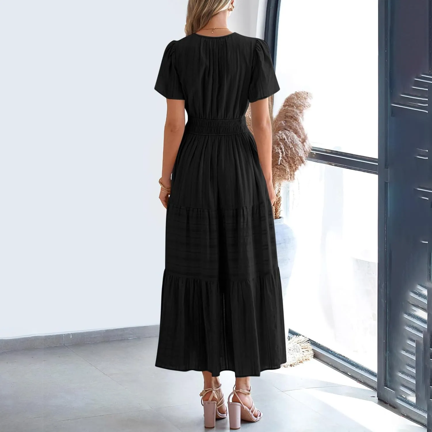 Women's Elegant Long Dress V Neck Short Sleeve A Line Flowy Dresses Empire Waist Tiered Maxi Party Dress Cruise Wear