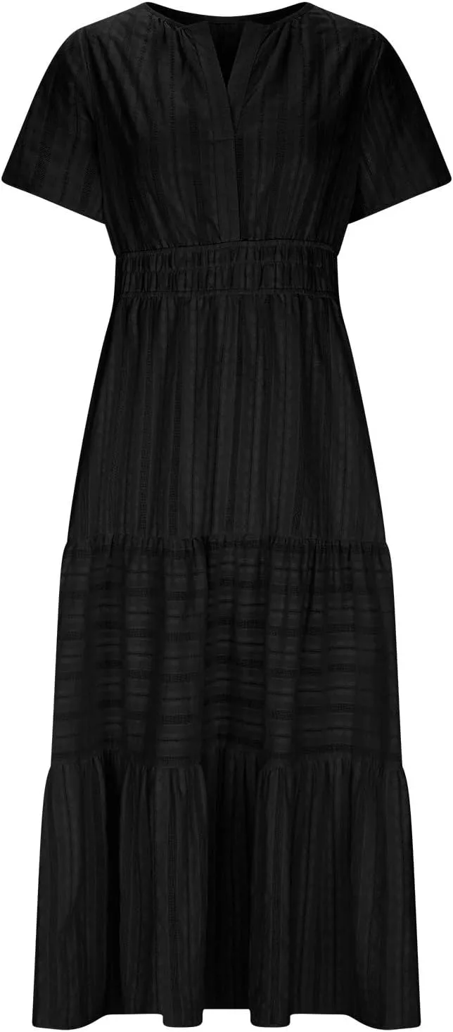 Women's Elegant Long Dress V Neck Short Sleeve A Line Flowy Dresses Empire Waist Tiered Maxi Party Dress Cruise Wear
