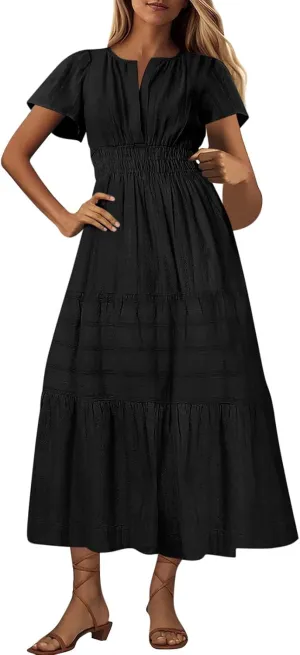 Women's Elegant Long Dress V Neck Short Sleeve A Line Flowy Dresses Empire Waist Tiered Maxi Party Dress Cruise Wear