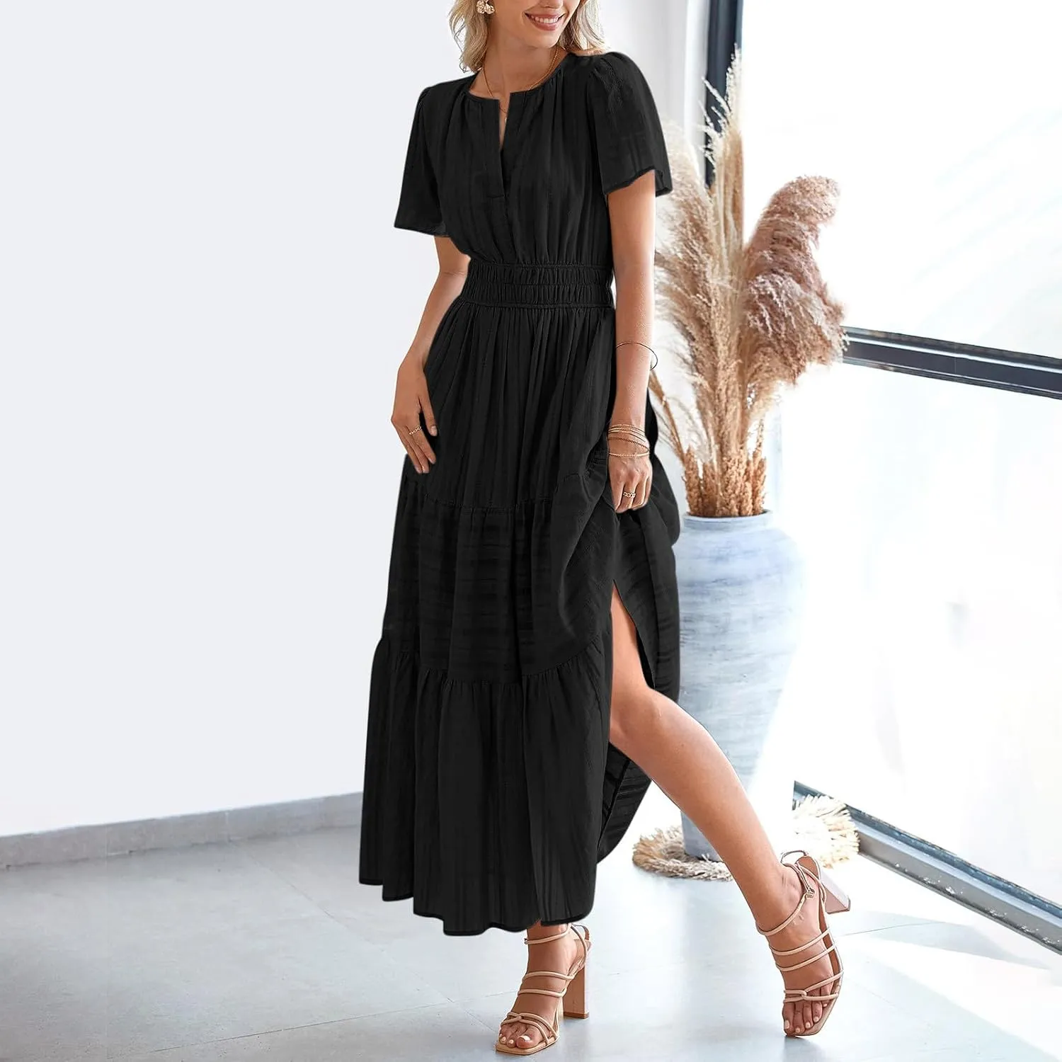 Women's Elegant Long Dress V Neck Short Sleeve A Line Flowy Dresses Empire Waist Tiered Maxi Party Dress Cruise Wear
