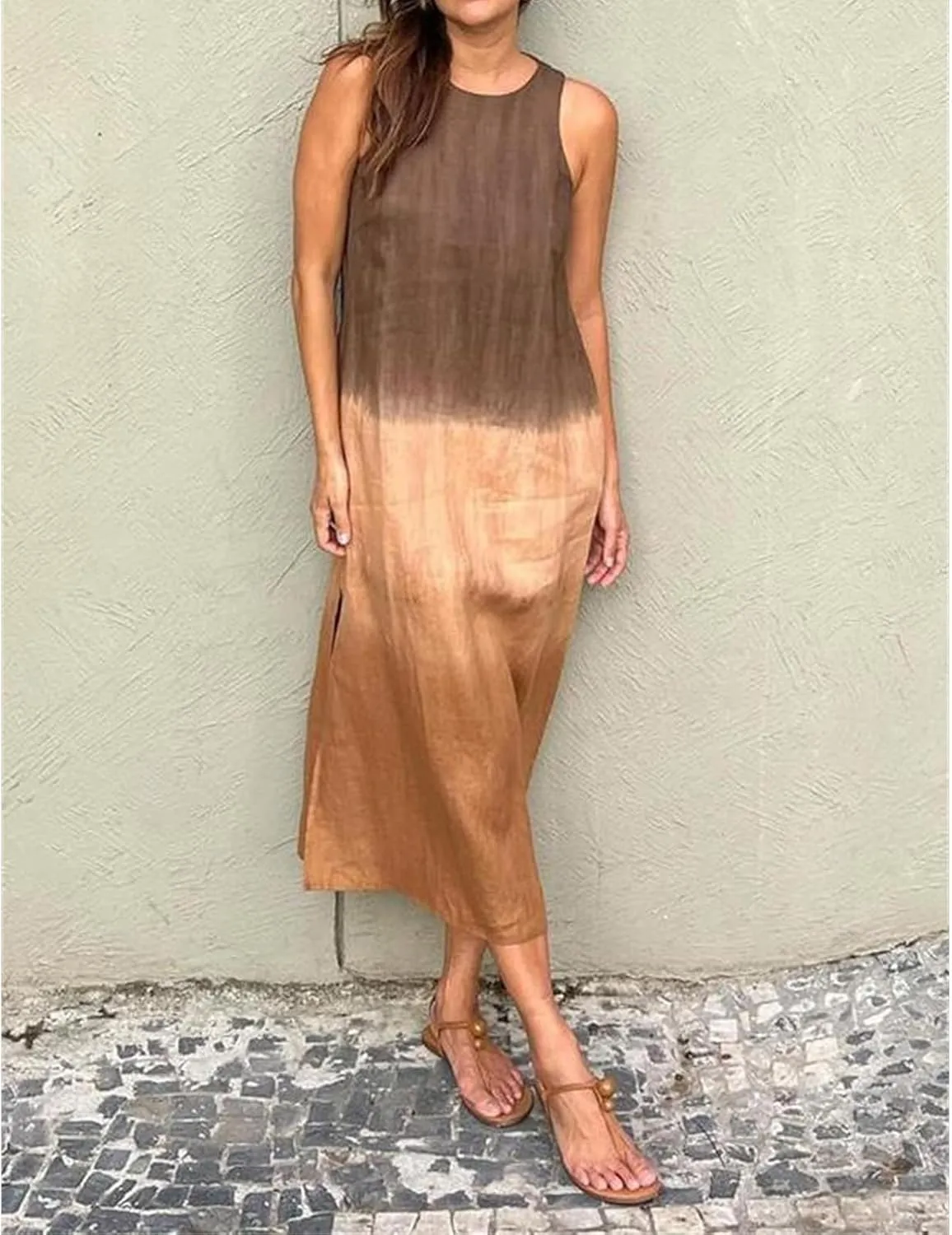 Women's Linen Sleeveless Crew Neck Tank Slit Maxi Dress Casual Gradient Lounge Beach Vacation Trendy Fashion Dresses