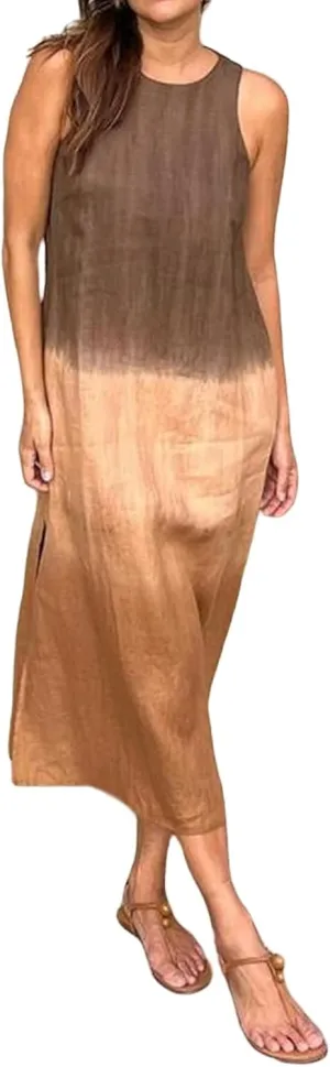 Women's Linen Sleeveless Crew Neck Tank Slit Maxi Dress Casual Gradient Lounge Beach Vacation Trendy Fashion Dresses