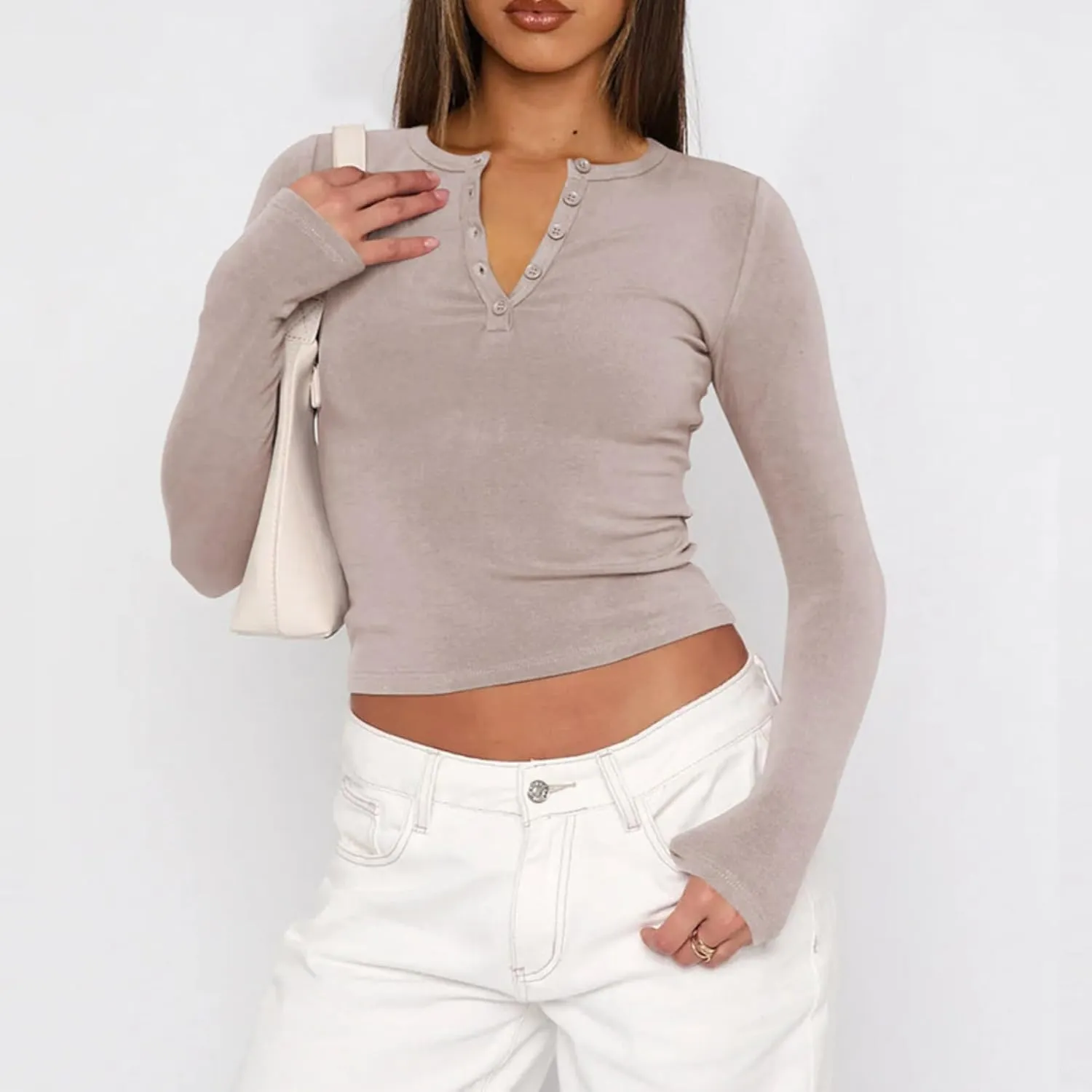 Women's Long Sleeve Shirts V-Neck Slim Fit Stretchy Solid Shirt Cropped Tops
