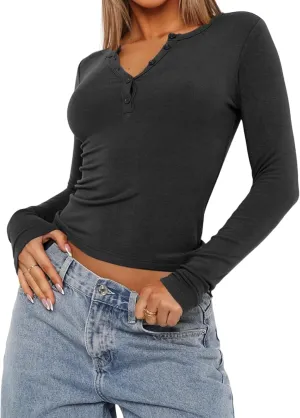 Women's Long Sleeve Shirts V-Neck Slim Fit Stretchy Solid Shirt Cropped Tops