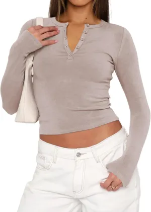 Women's Long Sleeve Shirts V-Neck Slim Fit Stretchy Solid Shirt Cropped Tops