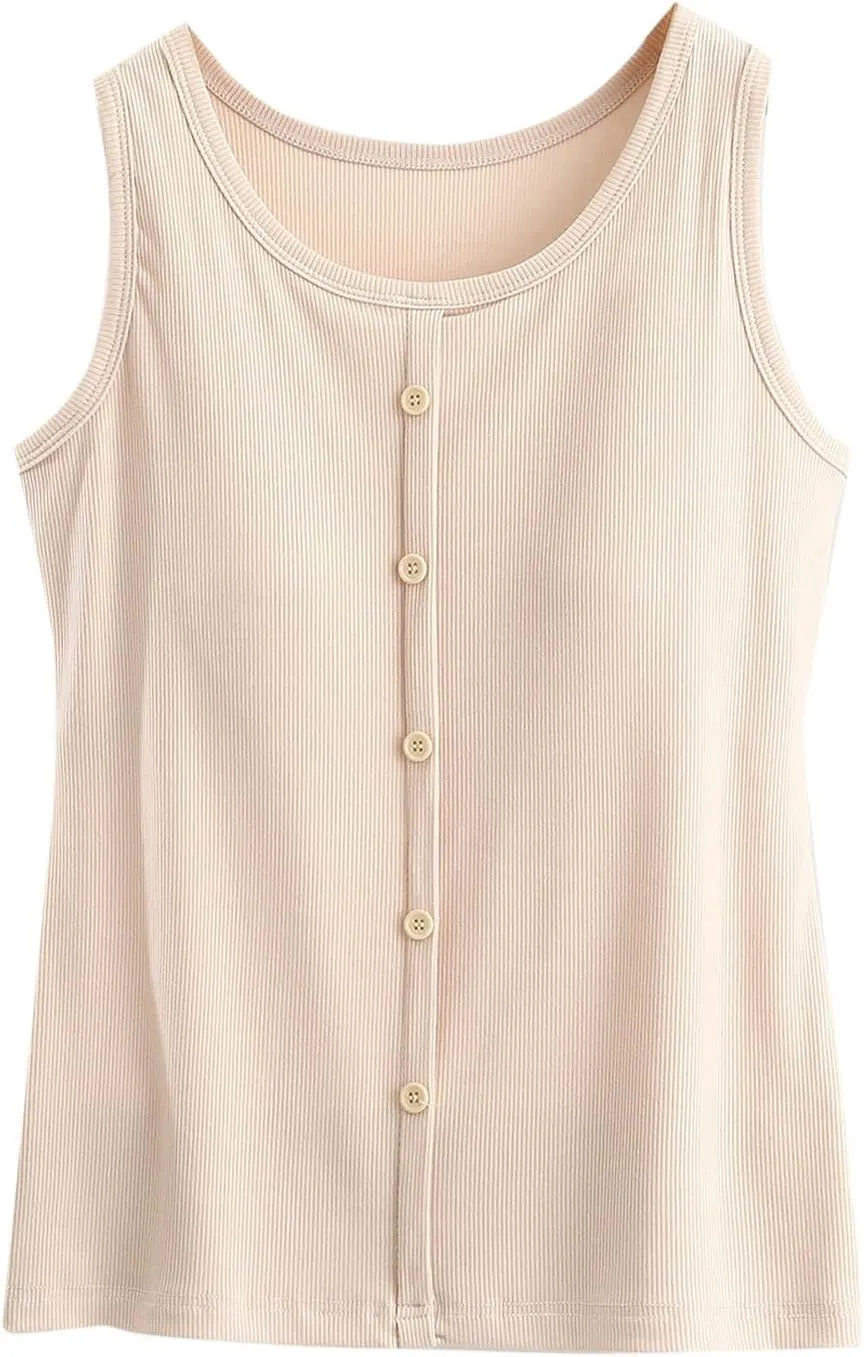 Womens Modal Ribbed Tank Tops Button Deco Summer Comfy Build in Bra Yoga Tops Scoop Neck Sleeveless Undershirts Pjs