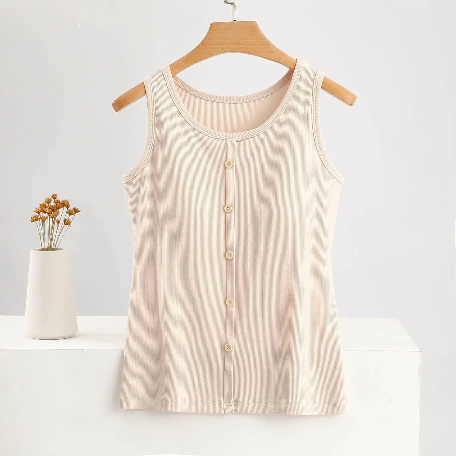 Womens Modal Ribbed Tank Tops Button Deco Summer Comfy Build in Bra Yoga Tops Scoop Neck Sleeveless Undershirts Pjs