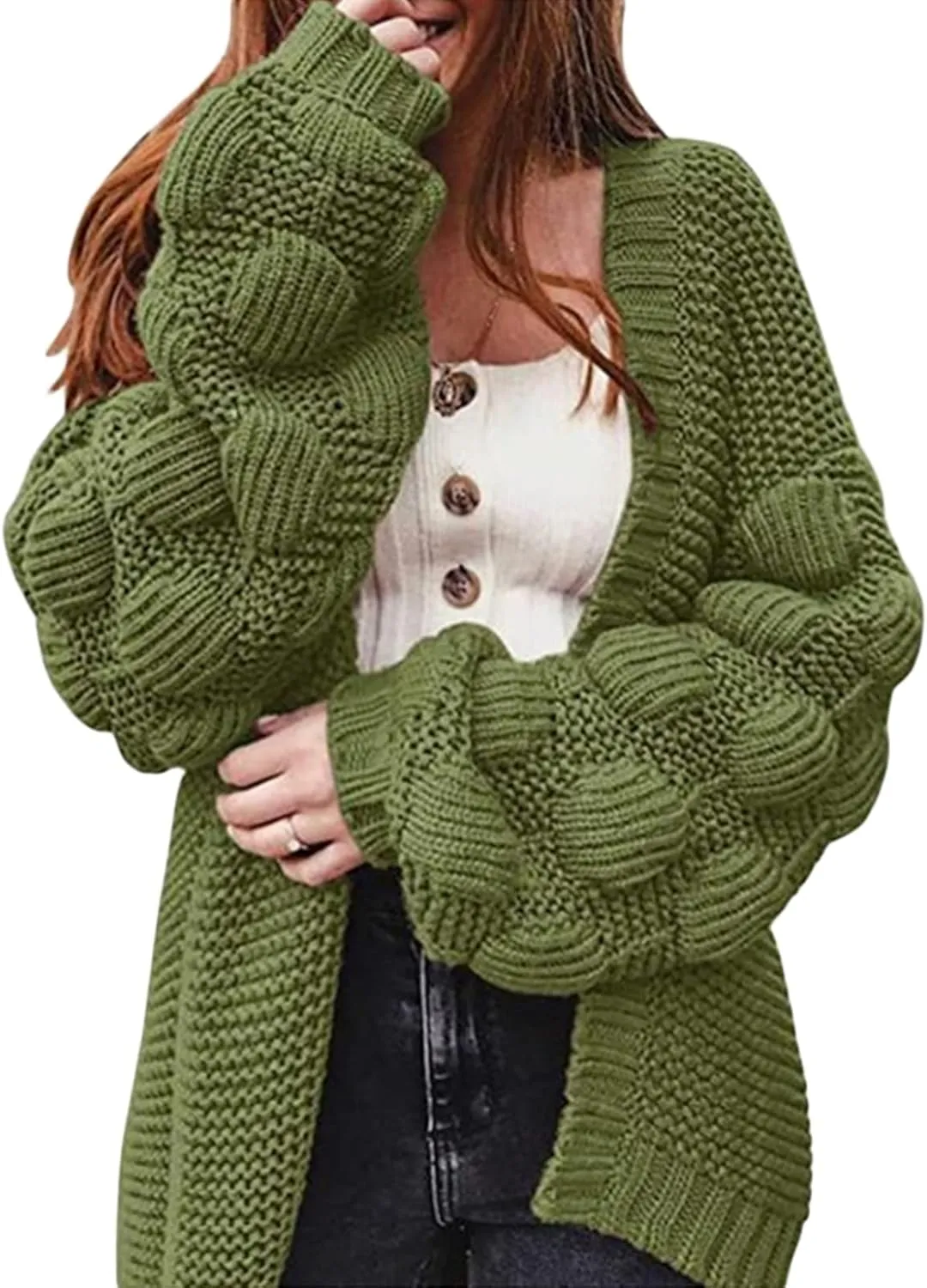 Women's Oversize Solid Color Cardigan Knit Casual Wrap Long Pom Pom Cable Knit Loose Open Knitted Sweet Chunky Sweater