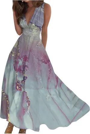 Women's Summer Maxi Dresses V Neck Sleeveless Boho Beach Swing Spring Dresses, S-3XL