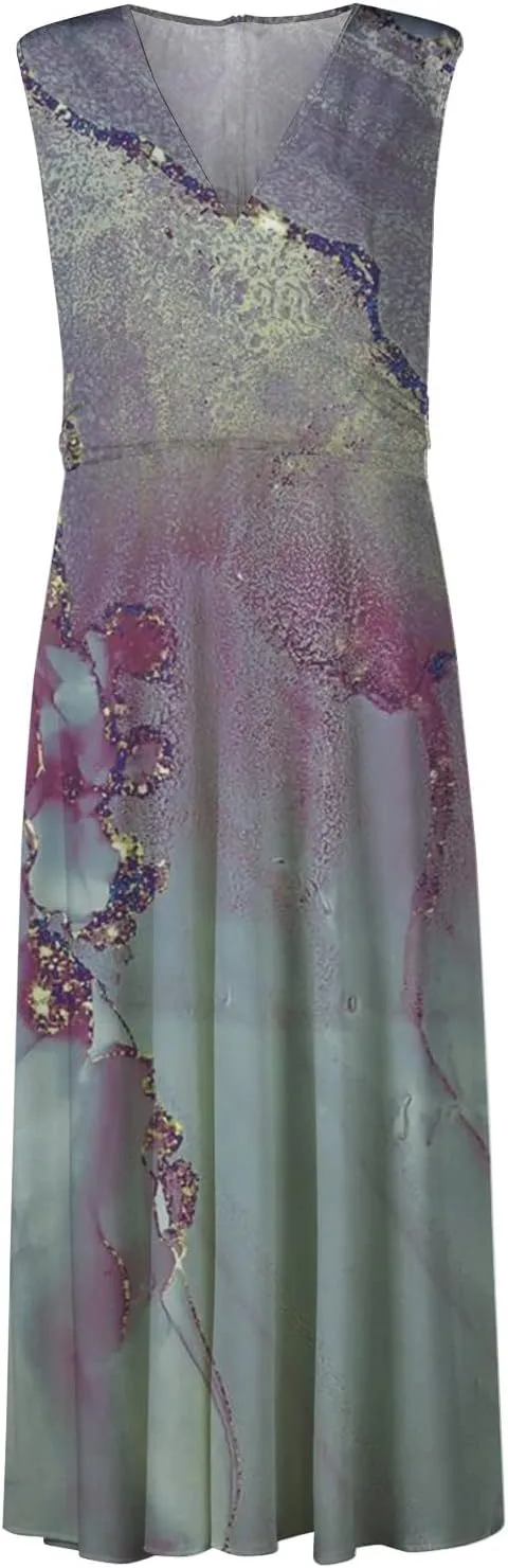 Women's Summer Maxi Dresses V Neck Sleeveless Boho Beach Swing Spring Dresses, S-3XL