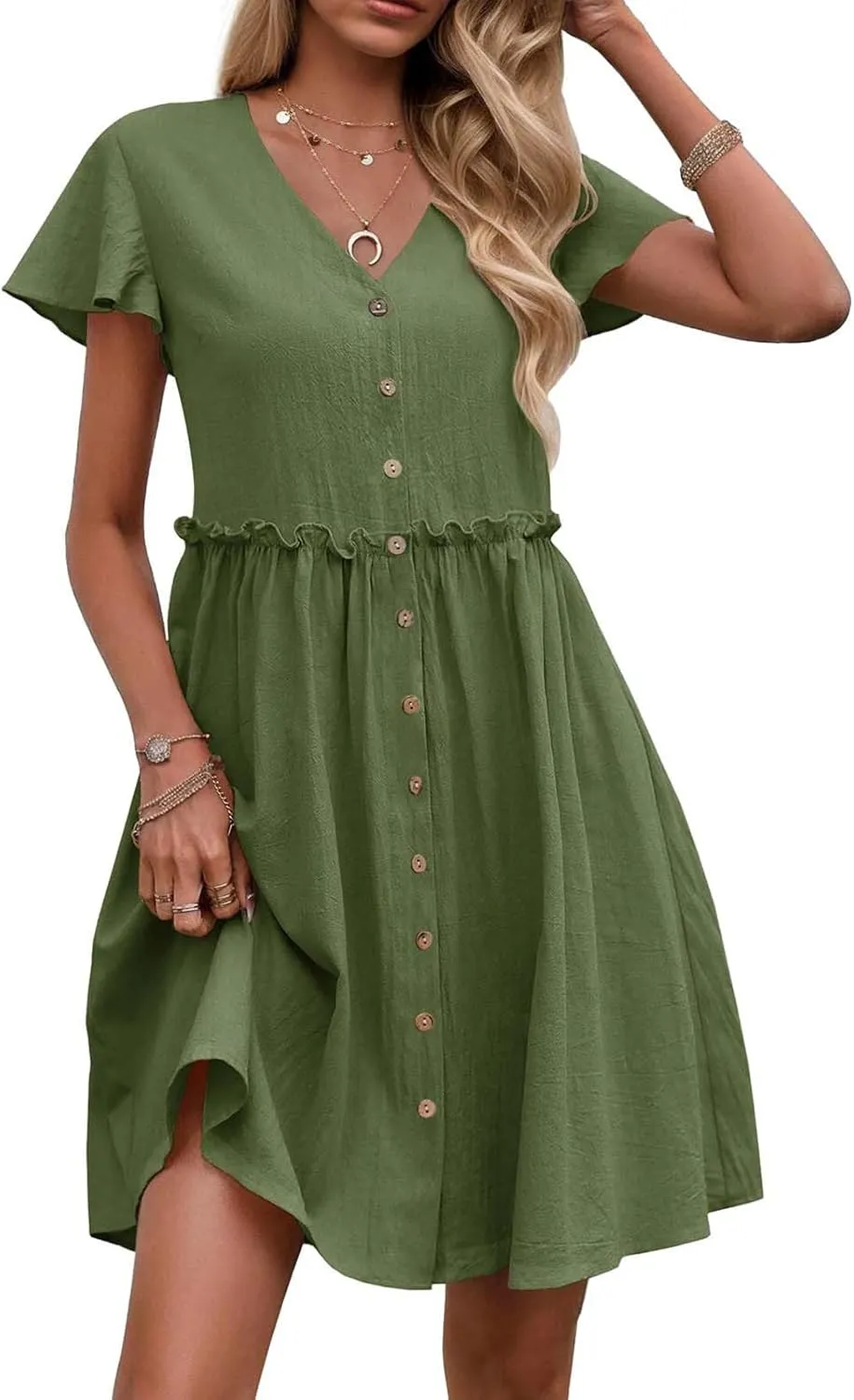 Women's Summer Sun Dresses Loose Fit Solid V Neck Ladies Dress Wide Flowy Hem Comfy Woman Spring Outfits Dress