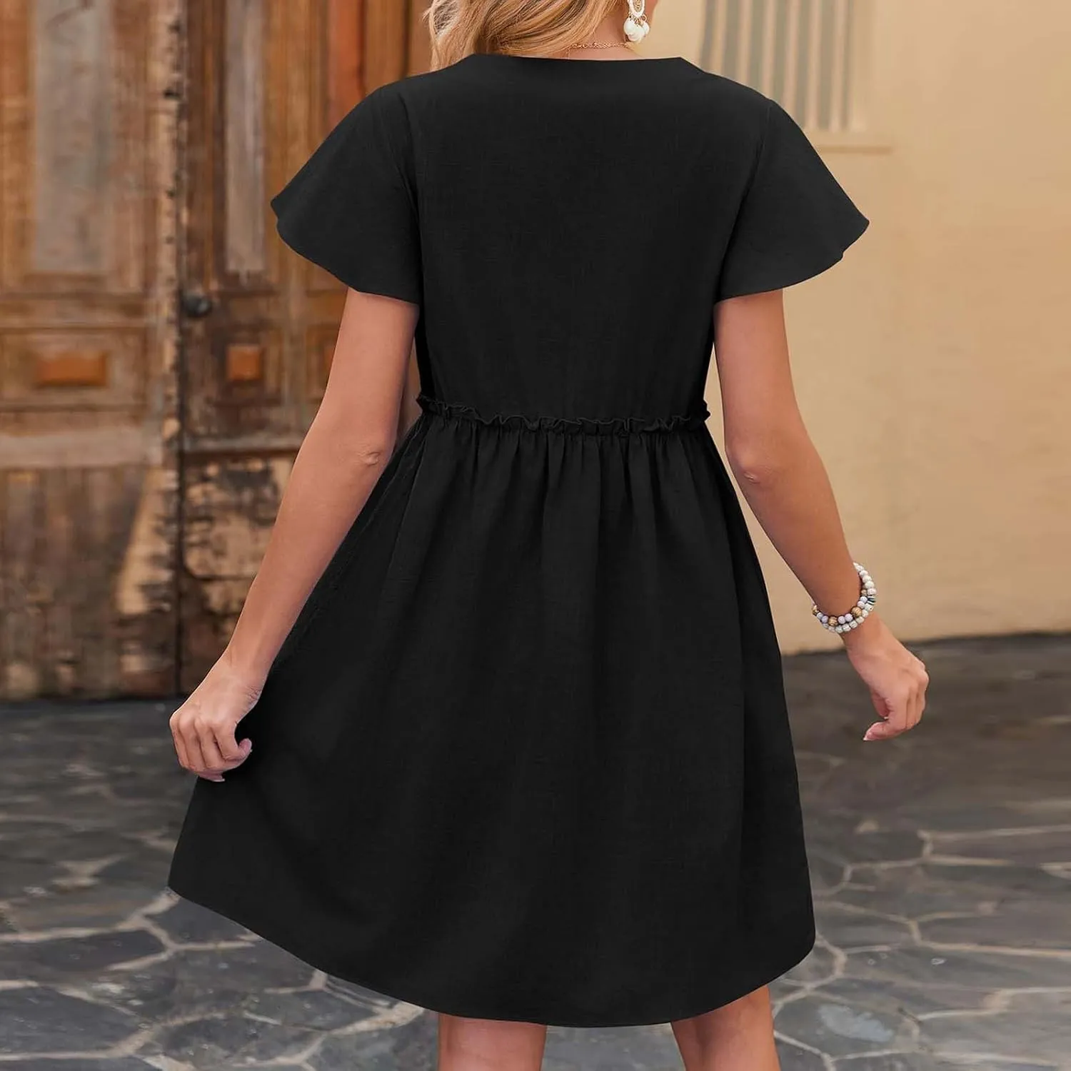 Women's Summer Sun Dresses Loose Fit Solid V Neck Ladies Dress Wide Flowy Hem Comfy Woman Spring Outfits Dress
