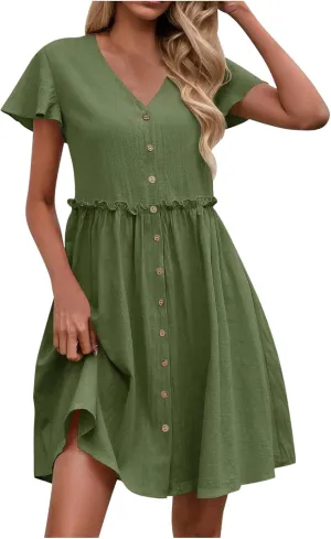 Women's Summer Sun Dresses Loose Fit Solid V Neck Ladies Dress Wide Flowy Hem Comfy Woman Spring Outfits Dress
