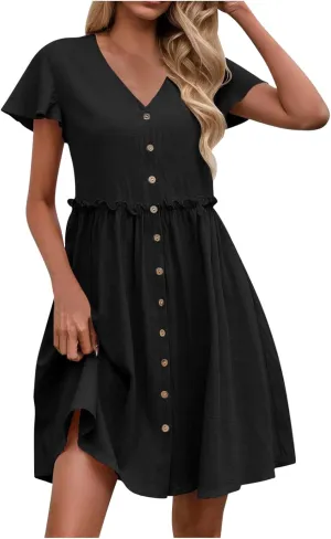 Women's Summer Sun Dresses Loose Fit Solid V Neck Ladies Dress Wide Flowy Hem Comfy Woman Spring Outfits Dress