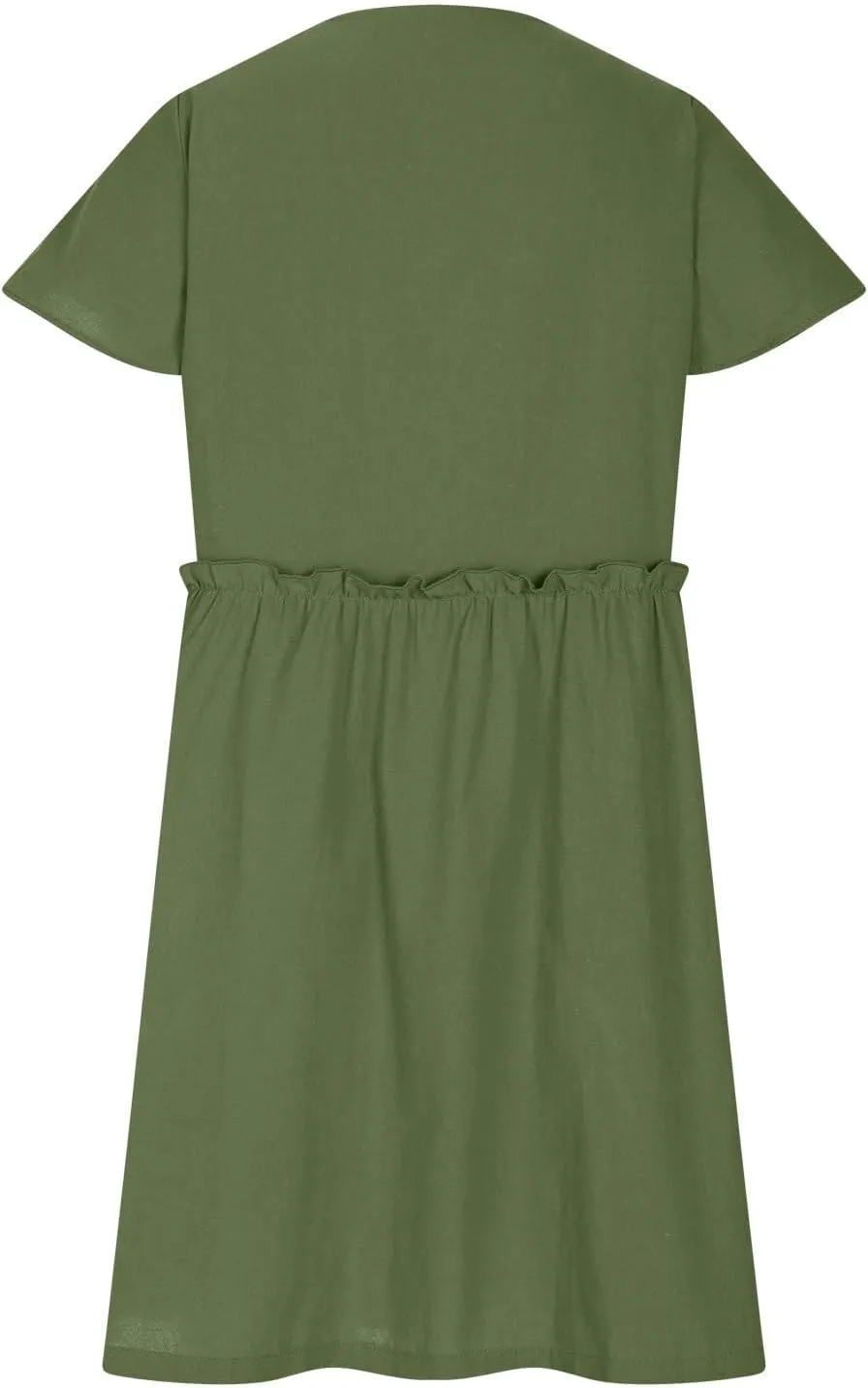 Women's Summer Sun Dresses Loose Fit Solid V Neck Ladies Dress Wide Flowy Hem Comfy Woman Spring Outfits Dress