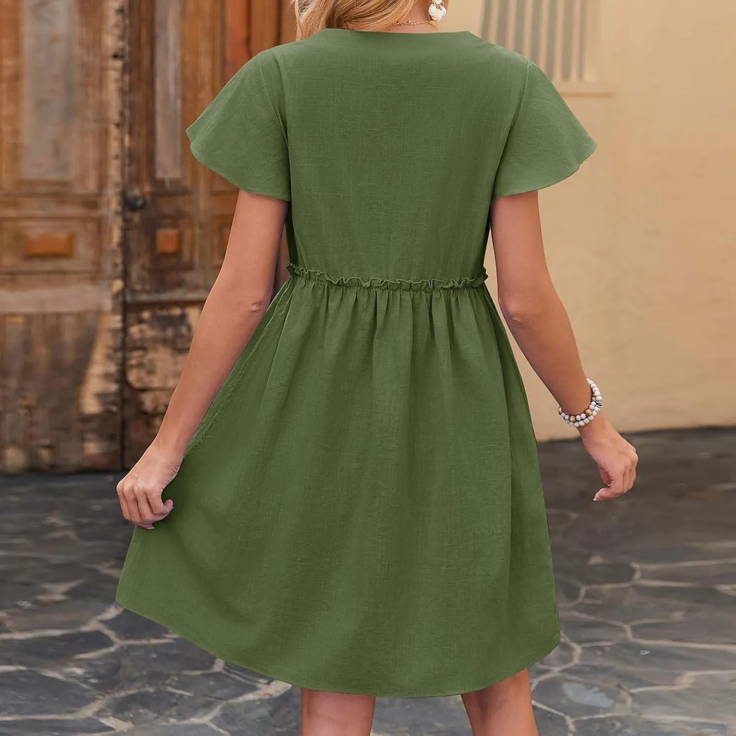 Women's Summer Sun Dresses Loose Fit Solid V Neck Ladies Dress Wide Flowy Hem Comfy Woman Spring Outfits Dress