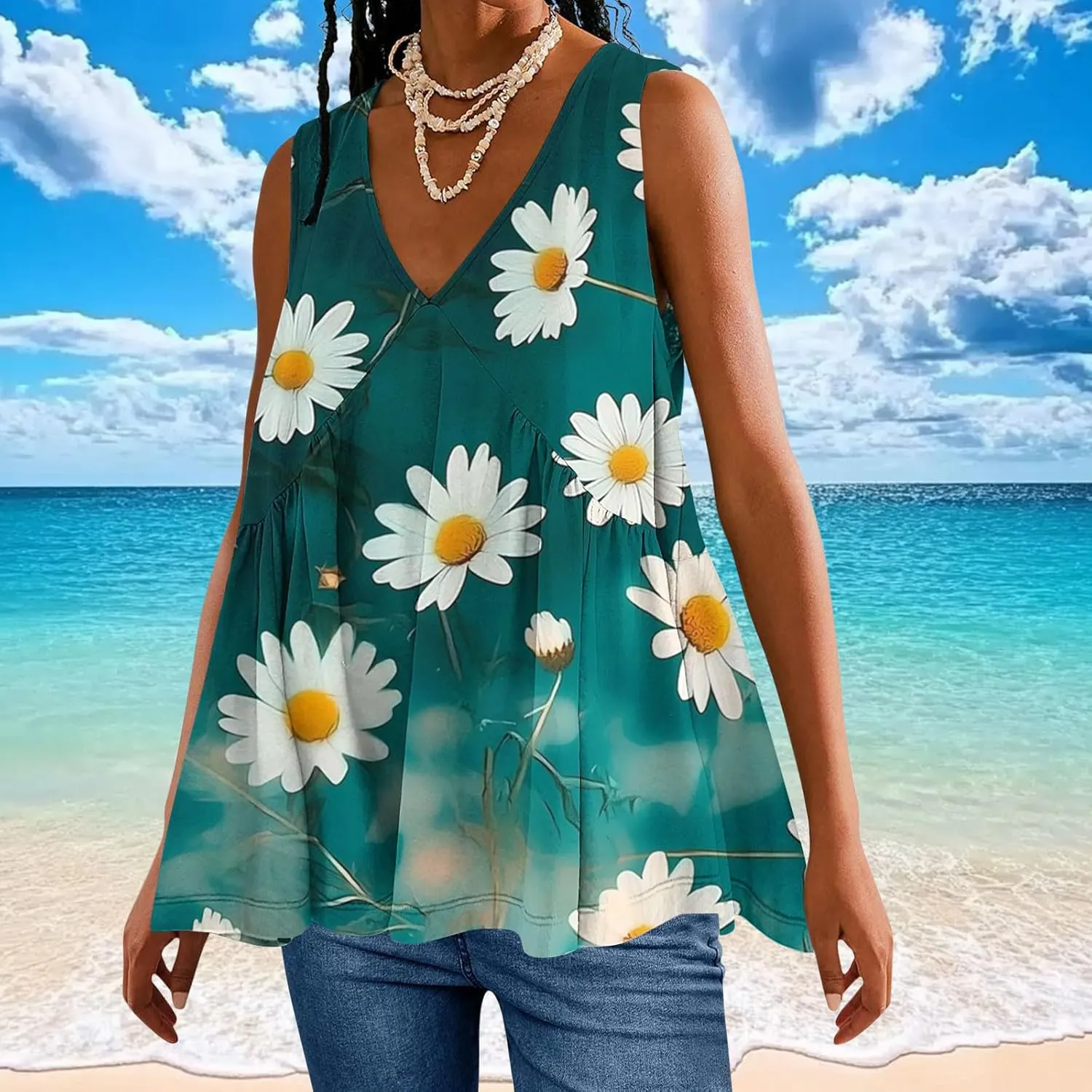 Womens Tank Tops Dressy Casual Sleeveless Printed Pleated Hawaiian Shirt V Neck Loose Beach Fashion Summer Tank Top