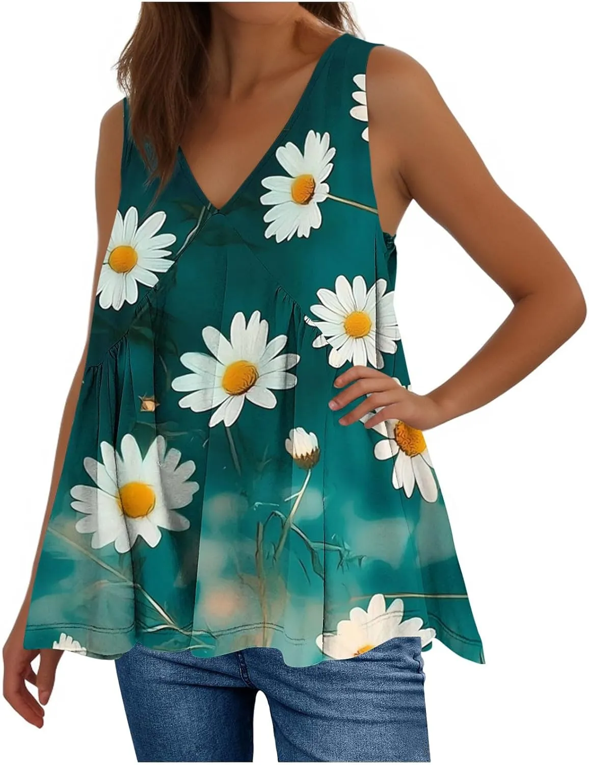 Womens Tank Tops Dressy Casual Sleeveless Printed Pleated Hawaiian Shirt V Neck Loose Beach Fashion Summer Tank Top