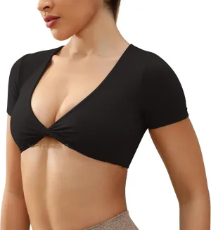 YEOREO Kyla Workout Crop Tops for Women Short Sleeve Twist Front Crop Tank Top Padded Sports Bra Casual Shirts