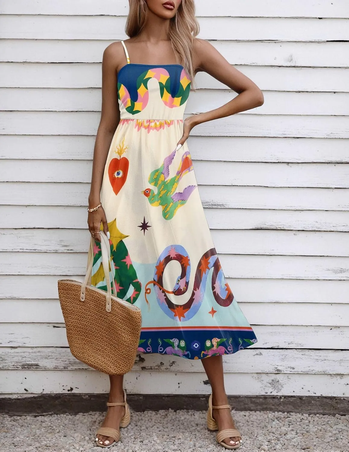 Zeagoo Women's Summer Casual Boho Sundress Spaghetti Strap Square Neck Flowy Midi Dresses A Line Beach Dress with Pockets