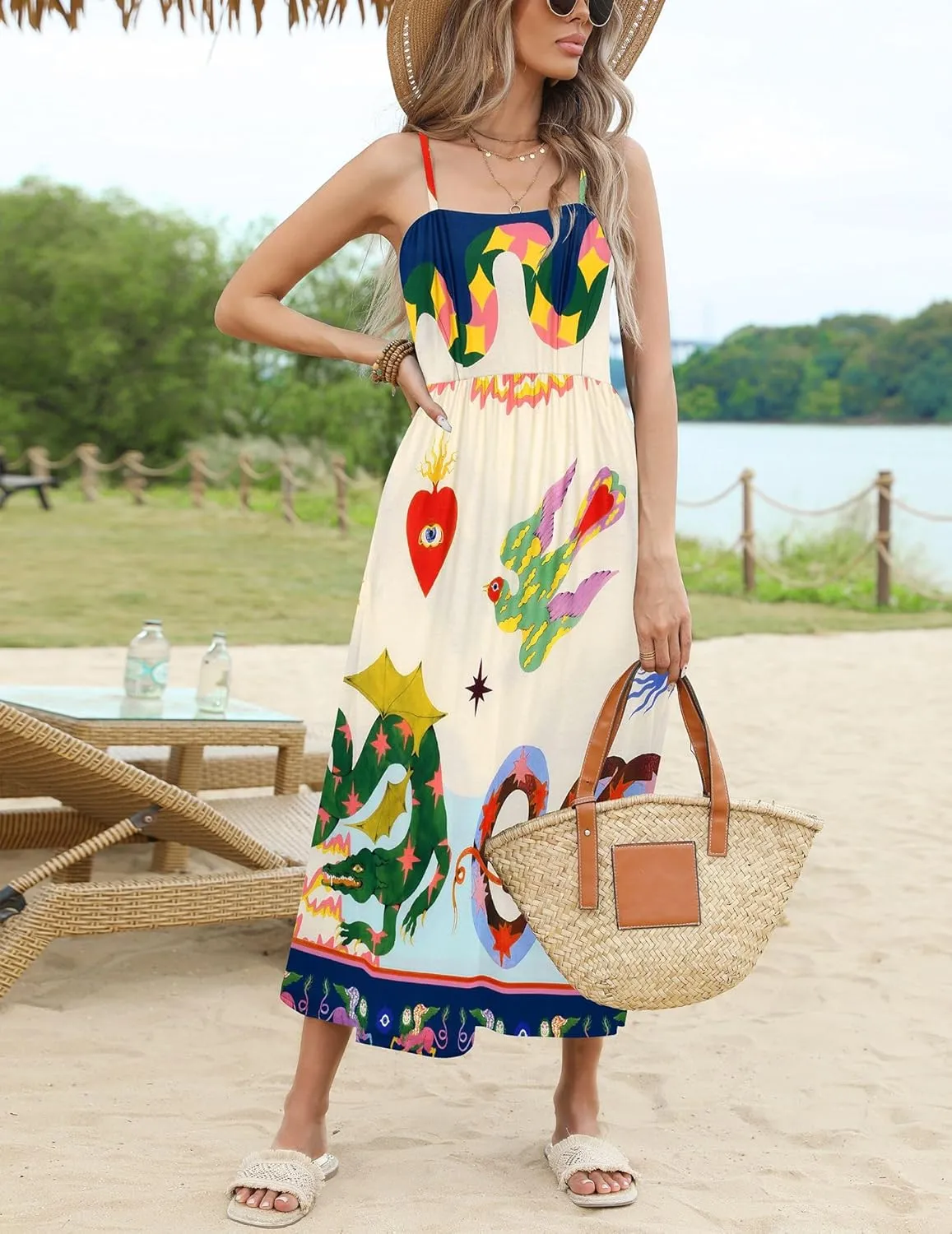 Zeagoo Women's Summer Casual Boho Sundress Spaghetti Strap Square Neck Flowy Midi Dresses A Line Beach Dress with Pockets