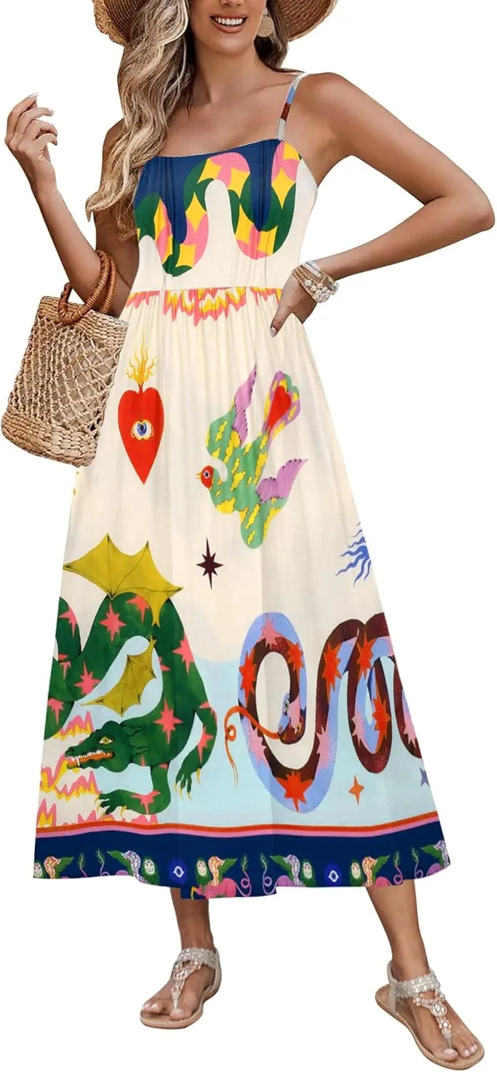 Zeagoo Women's Summer Casual Boho Sundress Spaghetti Strap Square Neck Flowy Midi Dresses A Line Beach Dress with Pockets