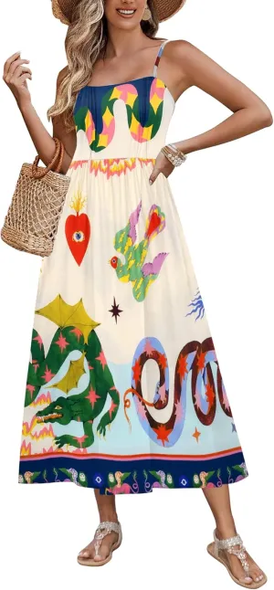 Zeagoo Women's Summer Casual Boho Sundress Spaghetti Strap Square Neck Flowy Midi Dresses A Line Beach Dress with Pockets
