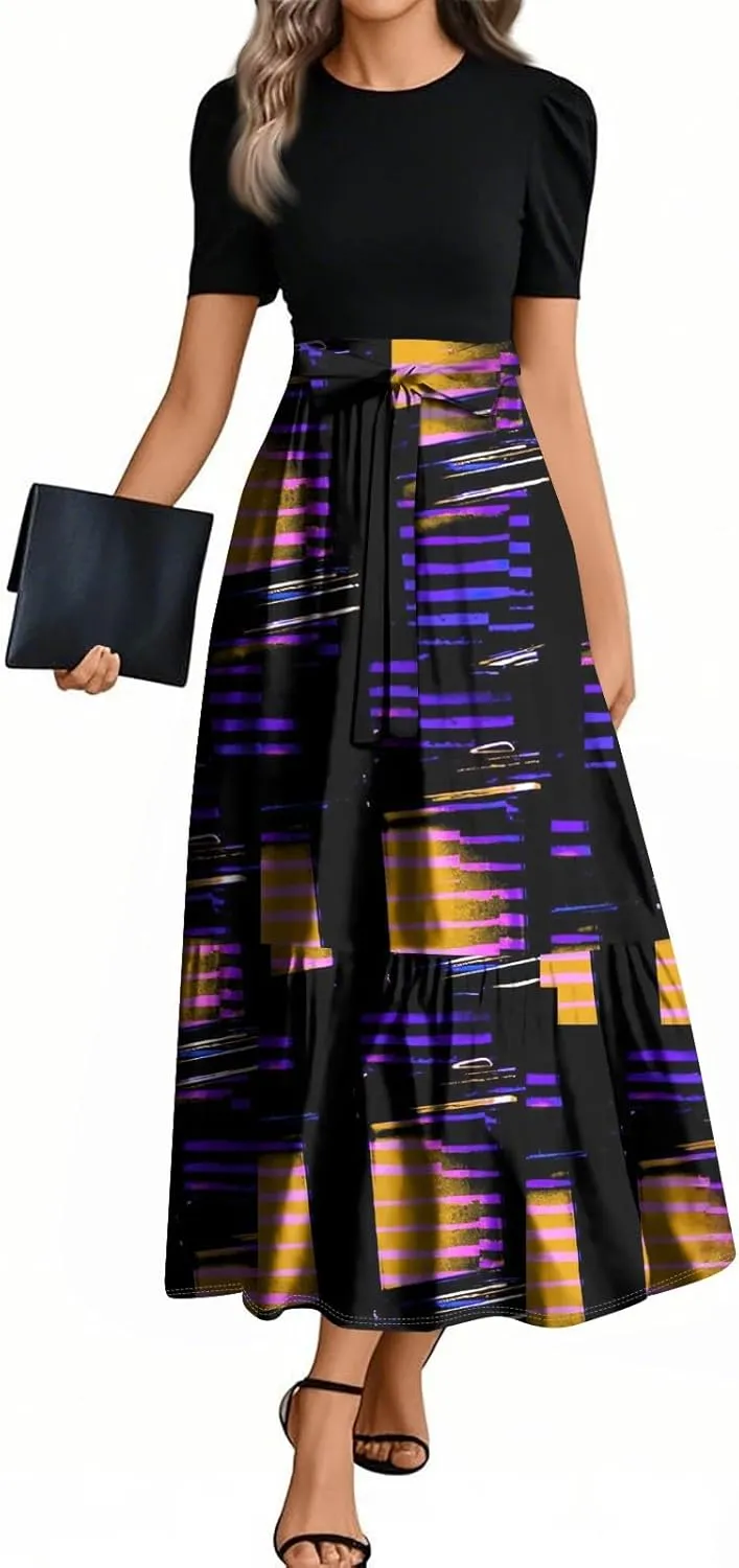 ZEFOTIM Women's Maxi Dress Flowy Geometric Dress Short Sleeve Crew Neck Dresses with Belt