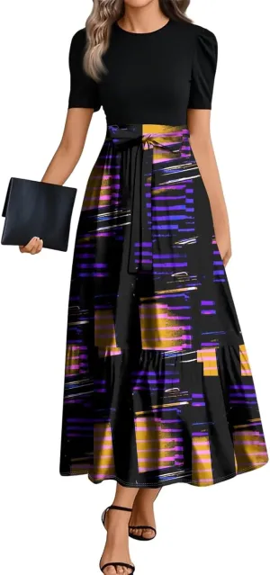 ZEFOTIM Women's Maxi Dress Flowy Geometric Dress Short Sleeve Crew Neck Dresses with Belt
