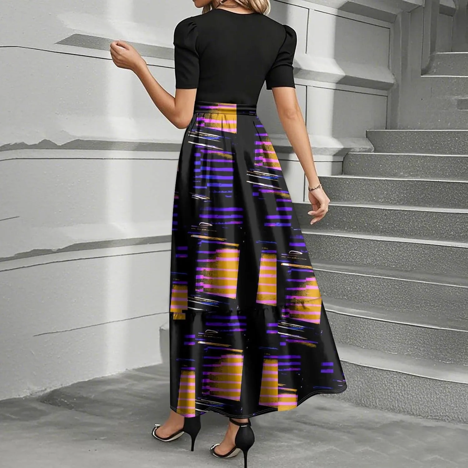 ZEFOTIM Women's Maxi Dress Flowy Geometric Dress Short Sleeve Crew Neck Dresses with Belt